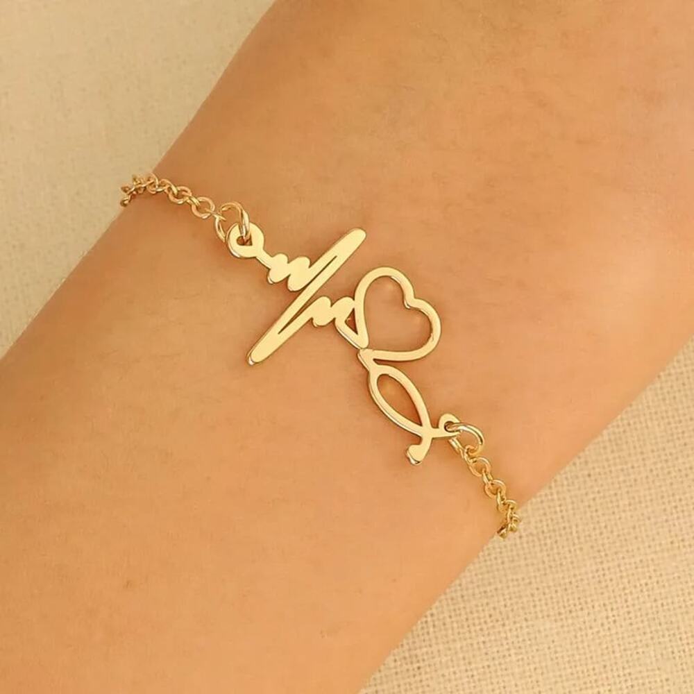 Minimalist Stainless Steel Heartbeat EKG Life Line Bracelet for Women